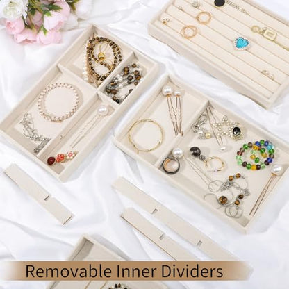 Stackable Jewelry Organizer Trays, 6-Piece Velvet Set, Beige | Removable Dividers, Soft Velvet Lining, Stackable Drawer Trays For Rings, Earrings, Bracelets And Necklaces - color: Beige