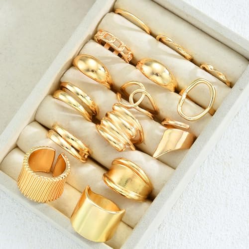 15 Pcs Gold Plated Knuckle Rings Set for Women, Statement Stackable Midi Rings, Dainty Chunky Stacking Statement Ring Pack