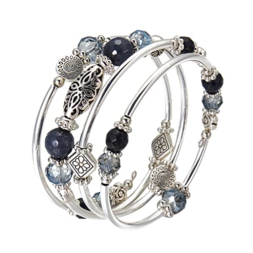 FULU AUTUMN Stackable Beaded Bracelets for Women Boho Wrap Silver Bracelet Layered Fashion Jewelry Gifts for Her - color: Blue