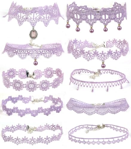 Pink Lace Choker Necklace Set, 10 Pieces - color: Purple