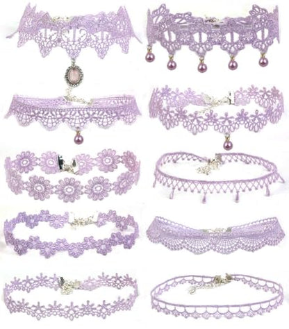 Pink Lace Choker Necklace Set, 10 Pieces - color: Purple