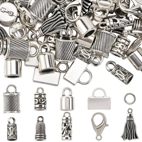 SUNNYCLUE 1 Box 230pcs Tassel End Caps Kumihimo Cord End Caps Alloy Metal Antique Silver Glue in Crimp String Leather Cords Tassel Ends Tips Supplies for Jewelry Making Kit Kumihimo Supplies Crafts - style: Style 1