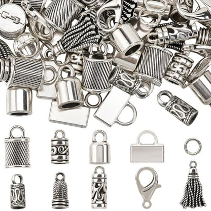 SUNNYCLUE 1 Box 230pcs Tassel End Caps Kumihimo Cord End Caps Alloy Metal Antique Silver Glue in Crimp String Leather Cords Tassel Ends Tips Supplies for Jewelry Making Kit Kumihimo Supplies Crafts - style: Style 1