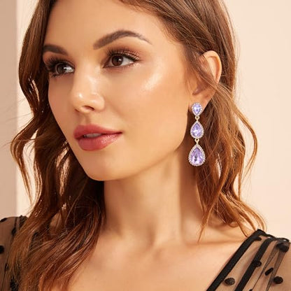 EleQueen Women's Crystal Teardrop Pear Shape 2.5 Inch Long Earrings | Dangle Earrings for Women, TearDrop Crystals Earrings for Bride Bridesmaid, Prom Jewelry for Wedding - color: LIght Purple Gold-Tone