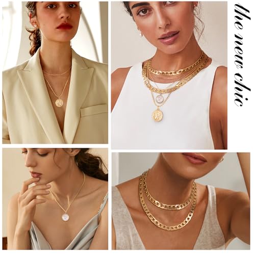 MJartoria Layered Necklaces for Women Trendy Retro Mother of Pearl Coin Letter Pendant Necklace Dainty Chunky Chain Choker Necklaces for Jewelry Birthday Gifts - style: G