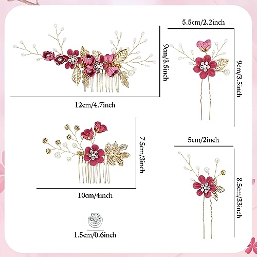 Cinaci 18 Pieces Bridal Wedding Party Prom Pearl Rhinestone Rose Red Flower Hair Side Combs Slides+U-shaped Flower Hair Pins+Twist Spiral Hairpins Floral Headpieces for Brides Bridesmaids Women Girls - color: Rose Red