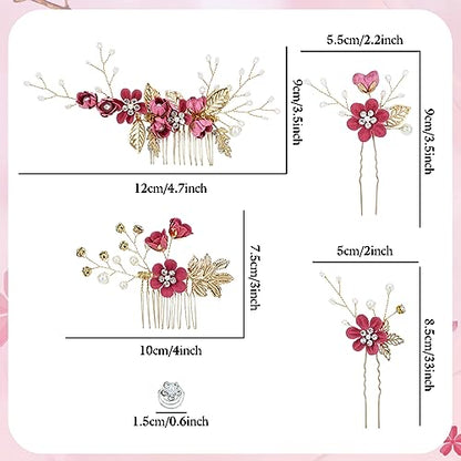 Cinaci 18 Pieces Bridal Wedding Party Prom Pearl Rhinestone Rose Red Flower Hair Side Combs Slides+U-shaped Flower Hair Pins+Twist Spiral Hairpins Floral Headpieces for Brides Bridesmaids Women Girls - color: Rose Red