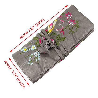 Travel Jewelry Roll Bag - Embroidered Brocade Pouch for Rings, Necklaces, Earrings, Bracelets | Lightweight & Tie Closure (Gray) - color: Gray