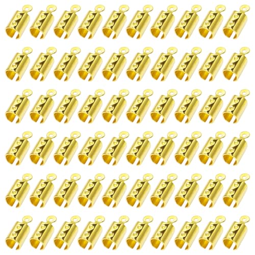 200pcs Fold Over Cord Ends Crimp End Tips Stainless Steel Cord Crimp End Tips Leather Ribbon Ending Clasp Tips Jewelry Connector for Bracelets Leather Jewelry Making(Gold) - color: gold