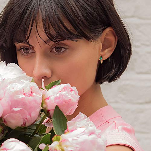 Dremmy Studios Dainty CZ Huggie Hoop Earrings 14K Gold Plated Chunky Simple Cute Thick Round Frill Bead Ball Starburst Cuff Earrings Cubic Zirconia Hoop Earrings Minimalist Personalized Gift for Her - color: A-CZ Emerald