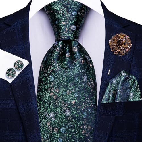 Hi-Tie Men's Silk Ties Formal Woven Classic Necktie Pocket Square Cufflinks Lapel Pin Set Wedding Business - color: A Navy Blue
