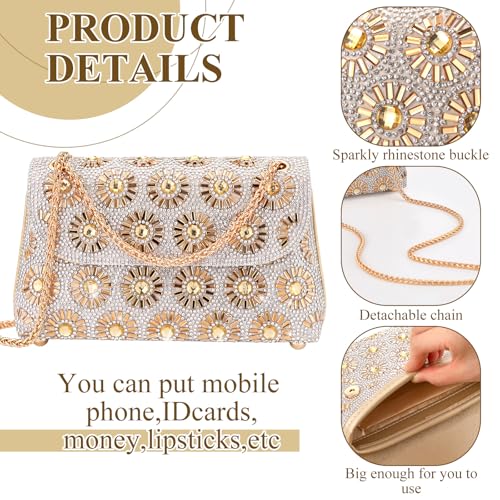 Quelay 4 Pcs Purse Rhinestone Jewelry Set Women | Wedding Bridal Prom Jewelry Sparkly Clutch Handbag with Necklace Bracelet Dangle Earrings Shiny Costume Kit - color: Champagne, style: Sparkly