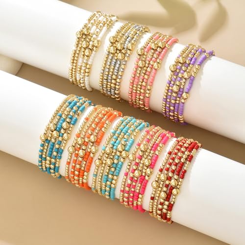 LOTSOF Bohemia Multilayer Beaded Bracelet Set, Turquoise Resin Colorful Surfer Heishi Style Elastic Spring Clasp Friendship Elastic Wristbands Summer Beach Boho Vacation Jewelry - color: Dark Blue