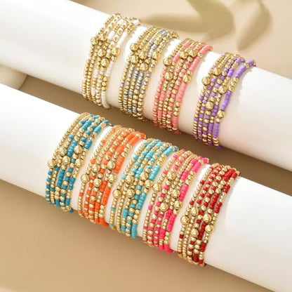 LOTSOF Bohemia Multilayer Beaded Bracelet Set, Turquoise Resin Colorful Surfer Heishi Style Elastic Spring Clasp Friendship Elastic Wristbands Summer Beach Boho Vacation Jewelry - color: Dark Blue