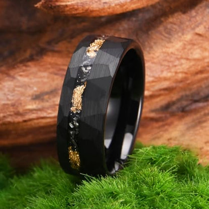 Black/gold Tungsten Carbide Rings for Men Men's Wedding band | 8mm Hammered Engagement rings Matte Brushed inlaid Gold Foil Meteorite Fragments Fashion and Comfortable fit - color: 8mm black