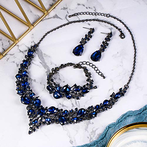Wedding Bridal Jewelry Set for Women Bride Bridesmaids | Gorgeous Austrian Crystal Teardrop Cluster Statement Necklace Dangle Earrings Link Bracelet Set Prom Jewellery - color: 05-Sapphire Color Black-Silver-Tone