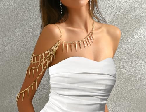 Gold Body Chain Shoulder Chain Punk Rivets Arm Chain Layered Tasssel Shoulder Necklace Festival Party Bridal Body Jewelry