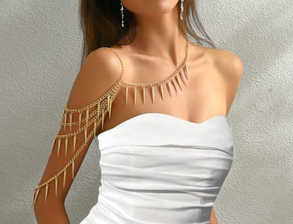 Gold Body Chain Shoulder Chain Punk Rivets Arm Chain Layered Tasssel Shoulder Necklace Festival Party Bridal Body Jewelry