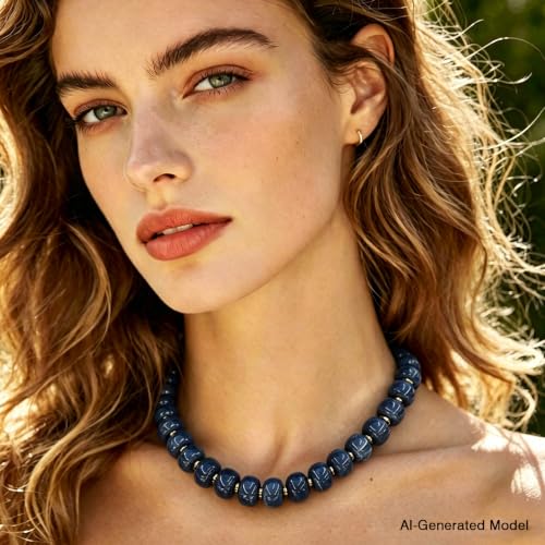 Colorful Chunky Resin Beaded Choker Necklaces for Women | Multicolor Beads, Sturdy Metal Chain, Adjustable, Detachable, Lightweight, Summer Beach Boho, Trendy Statement Jewelry Gift - color: Dark Blue