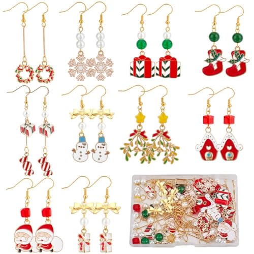 SUNNYCLUE 1 Box DIY 10 Pairs Christmas Charms Enamel Snowflake Charms Earrings Making Starter Kit Snowman Santa Claus Christmas Socks Pendants Star Bead Red Green Beads for Jewelry Making Kits - color: 8-diy-10 Pairs Christmas Enamel Earrings