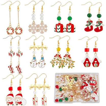SUNNYCLUE 1 Box DIY 10 Pairs Christmas Charms Enamel Snowflake Charms Earrings Making Starter Kit Snowman Santa Claus Christmas Socks Pendants Star Bead Red Green Beads for Jewelry Making Kits - color: 8-diy-10 Pairs Christmas Enamel Earrings