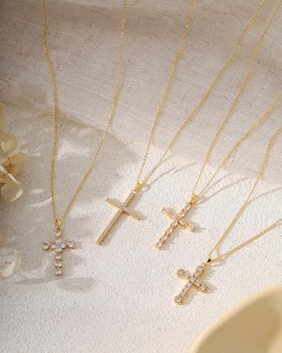 Cross Necklace for Women, 14K Gold Plated Cubic Zirconia Cross Pendant Necklace, Trendy Christian Jewelry Gifts for Baptism First Communion Christmas - color: Style F - Gold