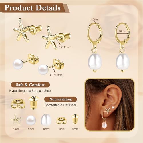 14K Gold Hoop Dangle Stud Earrings Surgical Steel Helix Piercing | Hypoallergenic,Cubic Zirconia,3 Pairs Huggie Hoop Set for Women,Dangle Stud,Cartilage Tragus Conch Earring,Jewelry Gift - color: B2-Gold Pearl Earrings