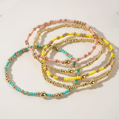 Stack Small Seed Bead Bracelets Set for Women, Boho Handmade Colorful Stretch Accessories Jewelry, Summer Beach Daily Wear Holiday Friendship Gift - color: Green