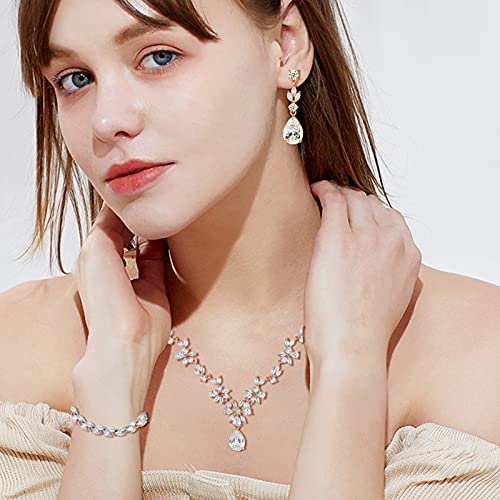 GULICX Wedding Jewelry for Bride, Silver Bridal Necklace Earrings Bracelet Set with Clear Cubic Zirconia, Bridemaids Jewelry Set for Wedding, Crystal Wedding Party Jewelry Set for Women Girls - color: Rose gold Plated
