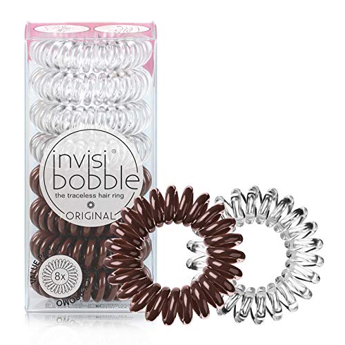 invisibobble Original Traceless Spiral Hair Ties - Pack of 8, Crystal Clear and Pretzel Brown - Strong Elastic Grip Coil Accessories for Women - Non Soaking - Gentle for Girls Teens and Thick Hair - color: Crystal Clear and Pretzel Brown, size: 8 Count (P