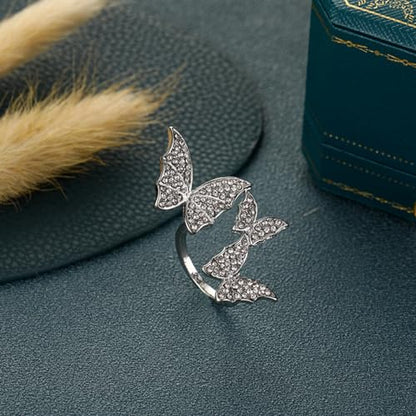 Butterfly Rings for Women Dainty Cubic Zirconia Open Butterfly Finger Ring Adjustable Rhinestone Double Butterfly CZ Crystal Adjustable Cuff Animal Statement Rings Delicate Jewelry for Party