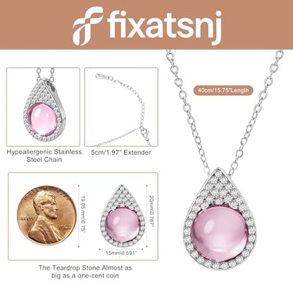 Women Trendy Faux Crystal Pendant Necklace 18K Gold/Silver Plated | CZ Halo Teardrop Drop Pendant Necklace Lightweight Fashion Jewelry Set Stackable For Wedding Daily Wear - color: Pink