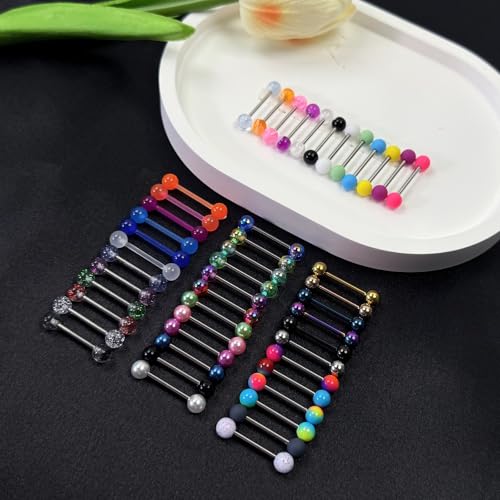 48Pcs 14G Colorful Ball Tongue Rings Surgical Stainless Steel Nipple Rings | Acrylic Plastic Tongue Barbells Piercing Jewelry Bar Length 16mm for Women Men