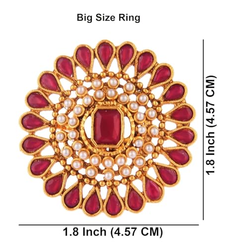 Efulgenz Indian Jewelry Ring Round Faux Pearl Crystal Adjustable Big Finger - color: Dark Pink