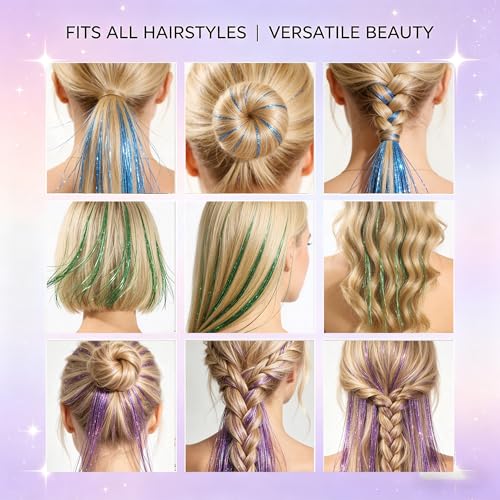 CELINABELLA Clip In Hair Tinsel 12 Pack 3 Colors Emerald Aqua Midnight Orchid 23 Inch 70 Strands Heat Resistant 320°F Invisible Light Brown Clips For Women Teens Party Festival Daily Hairstyles - color: Blue-Green-Purple