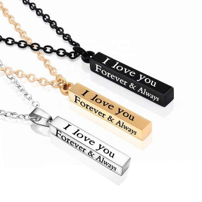 Minimalist Vertical Bar Necklace - Engraved I Love You Forever & Always Stainless Steel Pendant Necklace for Couples, Anniversary Birthday Gift Jewelry (Gold/Silver/Black)