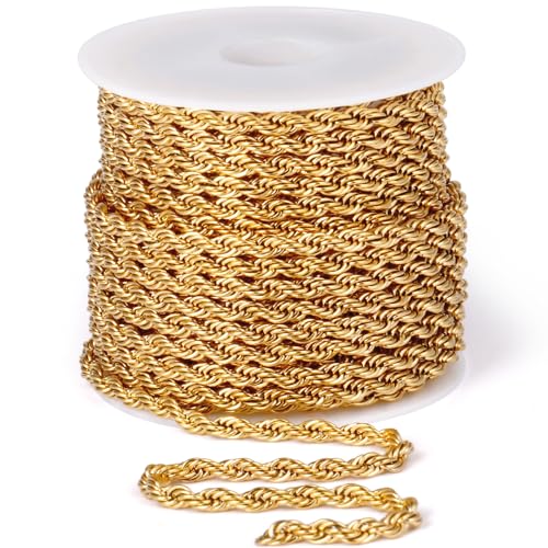 16.5FT Gold Stainless Steel Rope Chain 3mm Gold Chain for Jewelry Making | 18K Gold PVD Plated Dainty Twist Link Chain Roll Bulk for Necklace Bracelet Crafts - color: Gold Color, size: 3mm width