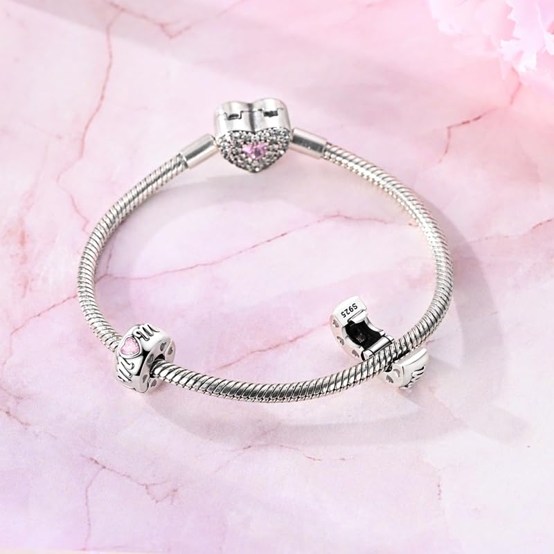 925 Sterling Silver Openable Clip Spacer Bead Fits Pandora Bracelet | Hypoallergenic Clip Stopper Charm, Star Clover Butterfly Floral Mom Heart Paved Zircon Gift for DIY Charm Bracelet Jewelry - color: Mom Pink Heart