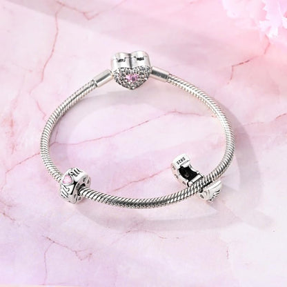 925 Sterling Silver Openable Clip Spacer Bead Fits Pandora Bracelet | Hypoallergenic Clip Stopper Charm, Star Clover Butterfly Floral Mom Heart Paved Zircon Gift for DIY Charm Bracelet Jewelry - color: Mom Pink Heart