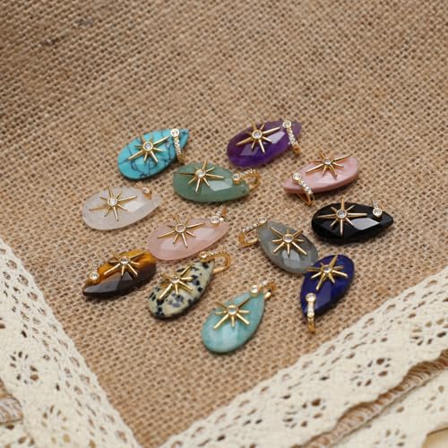 LE SKY Natural Stone Pendants Healing Crystal Gemstones with Rhinestone Charms for jewelry Making Necklace DIY Craft Gift - color: tear drop