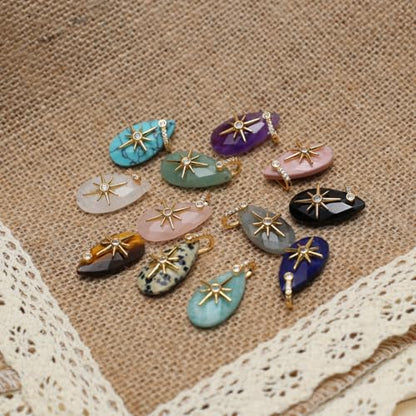 LE SKY Natural Stone Pendants Healing Crystal Gemstones with Rhinestone Charms for jewelry Making Necklace DIY Craft Gift - color: tear drop