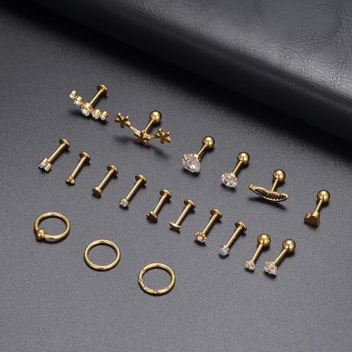 Tornito 9-30Pcs Cartilage CZ Stud Earrings Conch Forward Helix Tragus Daith Piercing Lip Rings Snake Heart Butterfly Jewelry for Women Men 16G Silver Gold Tone - color: C2:19PCS, Gold Tone