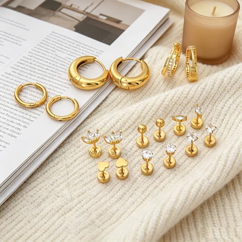 Stainless Steel Stud Earrings Set for Women Hypoallergenic Flat Back Cartilage Earrings Screw Back Huggie Hoop Earrings Multiple Piercing Cubic Zirconia Helix Tragus Jewelry - color: Set-A-14K Gold Plated