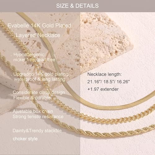 Evabelle Gold Layered Necklace for Women Trendy Jewelry 14K Real Gold Plated Chunky Chain Stackable Necklaces Dainty Choker Necklaces Rectangle Square Pendant - color: Gold Necklace 12