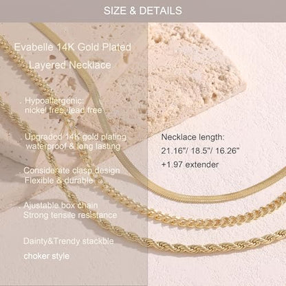 Evabelle Gold Layered Necklace for Women Trendy Jewelry 14K Real Gold Plated Chunky Chain Stackable Necklaces Dainty Choker Necklaces Rectangle Square Pendant - color: Gold Necklace 12