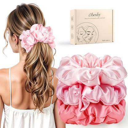 3 Pack Large Satin Hair Scrunchies, 6 Inch Pillow Sleepy Hair Ties | Blush Pink Hair Ties, Soft Padded Satin, Gentle On Thick Or Curly Hair, Sleep-Friendly, Reduced Frizz And Creasing - color: Pink Series