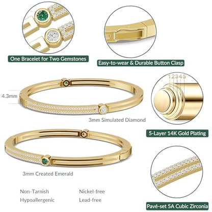 AuraLyric Gold Bracelets for Women, 14K Gold Plated Nail/Love/Emerald Green/Teardrop/Round White CZ Bangle Bracelets, Stackable Gold Bangles Non Tarnish, Gifts for Wife Mom Daughter 6.5 Inch - color: Green & White CZ - Round