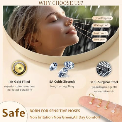 15PCS 14K Gold Plated Nose Rings Studs Set for New Piercing Beginners - color: Gold-3PCS Nose Rings & 12PCS Nose Studs