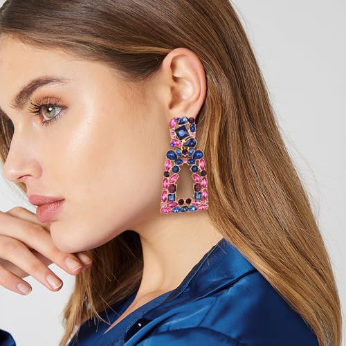 Flyonce Rectangle Clip-on Drop Earrings for Women, Sparkly Rhinestone Crystal Geometric Statement Non Pierced Earring Wedding Prom Party Jewelry for Brides Bridesmaid - color: Blue w/ Fuchsia