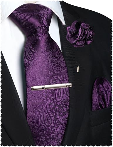 JEMYGINS Mens Paisley Tie and Lapel Pin Necktie Pocket Square and Tie Clip with Sets for Business Casual 4PCS - color: Purple